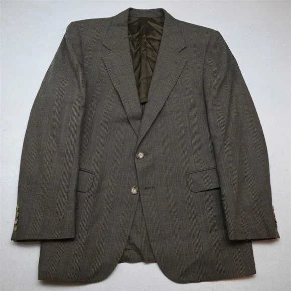 Vtg USA Made 42R 32x30 Brown Glenn Check Wool Mens Jacket Pants Suit